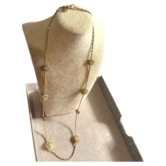 VINTAGE-STYLE GOLD CHAIN NECKLACE WITH CLEAR CRYSTALS – 34” LONG - Picture 1 of 17